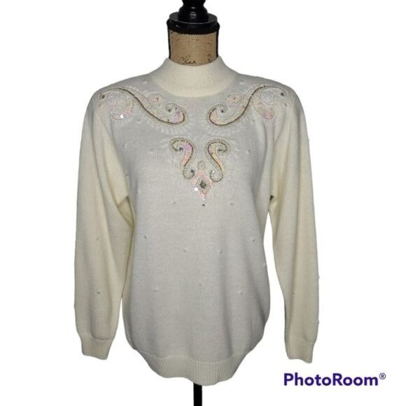 Vintage 90's Ivory Sequin Beaded Mockneck Sweater Medium - Picture 1 of 11